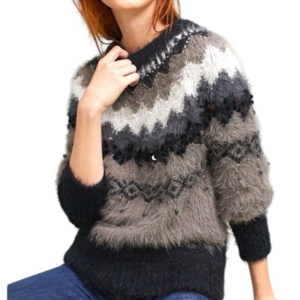 Sleeping on Snow Anthropologie Fair Isle Bubble-Sleeve Crewneck Sweater Size S